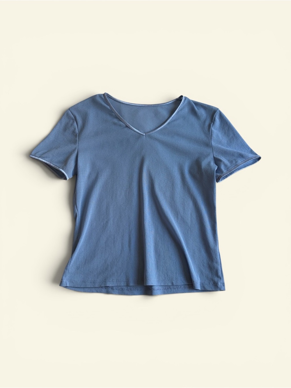 Blue Sheer Mesh V Neck Top Short Sleeve Minimalist Y2K Stretch Shirt Women's S